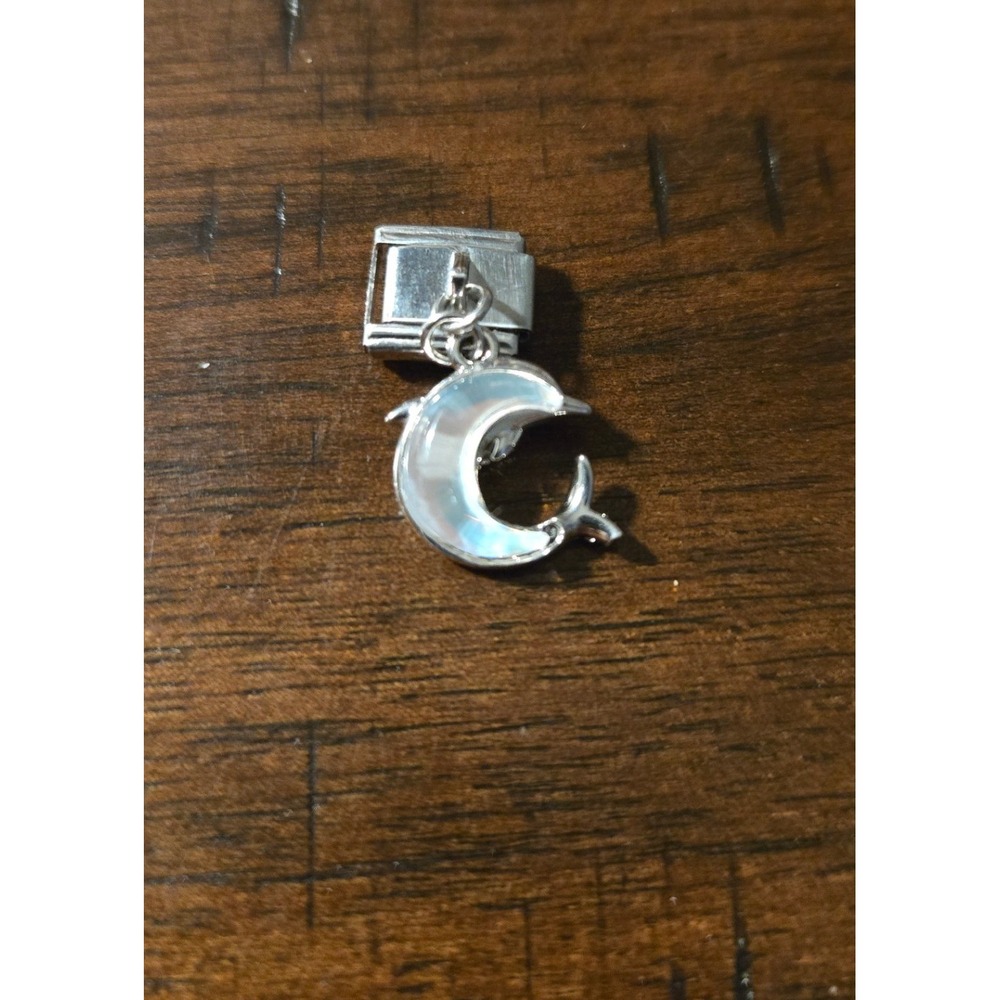 Dolphin Dangle Italian Charm Stainless Steel‎ Iridescent Inlay 9mm Link